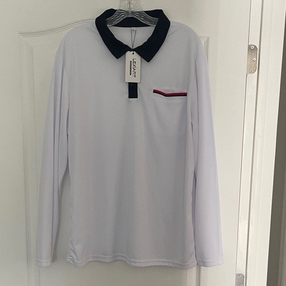 Long Sleeve White Polo with Black Collar